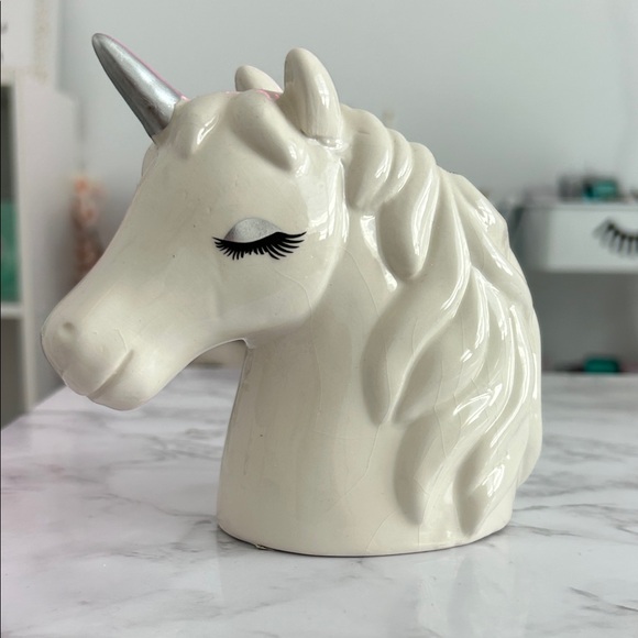 Other - White Unicorn Ceramic Figurine with Silver Horn